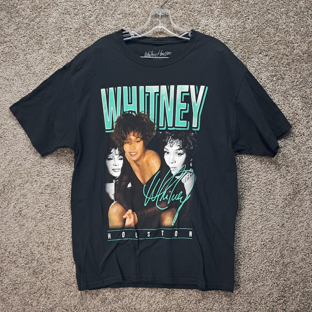Whitney Houston Graphic T-Shirt Black Cotton Teal Signature Women Large 7030